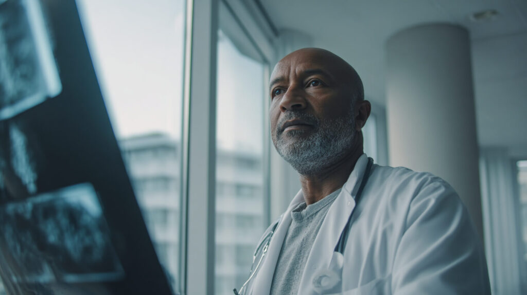 Een oudere oncoloog met stethoscoop bekijkt geconcentreerd een röntgenfoto bij het raam van een moderne kliniek