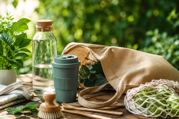 Duurzame producten zoals een herbruikbare koffiebeker, glazen waterfles en katoenen boodschappentas op een houten tafel in een natuurlijke omgeving