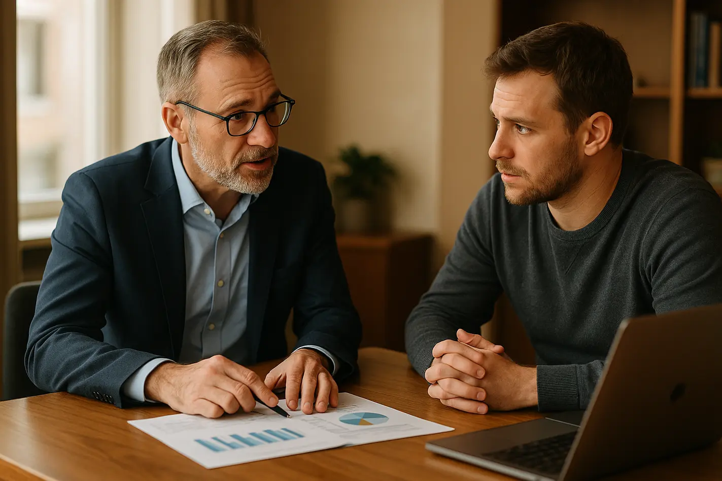 Adviseur MKB-klanten in gesprek met ondernemer aan bureau