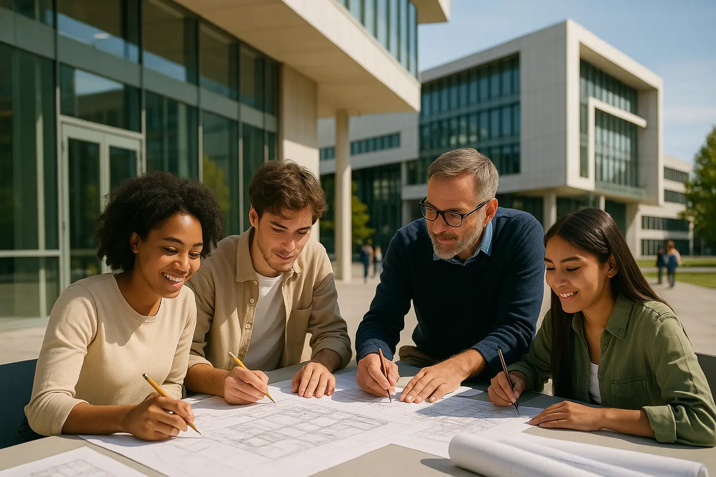 **alt_text**: Inspirerende blogheader met architectuurstudenten die samenwerken aan ontwerpen in een moderne school.