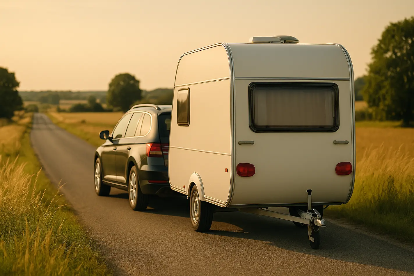 alt_text: Auto met caravan op rustige landelijke weg bij gouden uur, breed panorama.