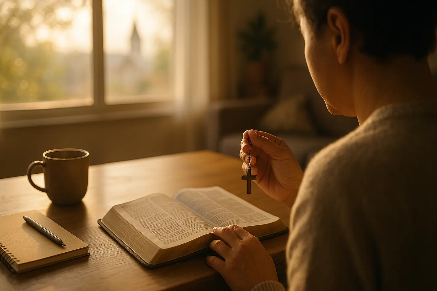 alt_text: "Onherkenbaar persoon leest open Bijbel aan houten tafel, notitieboekje, koffie, warm ochtendlicht."