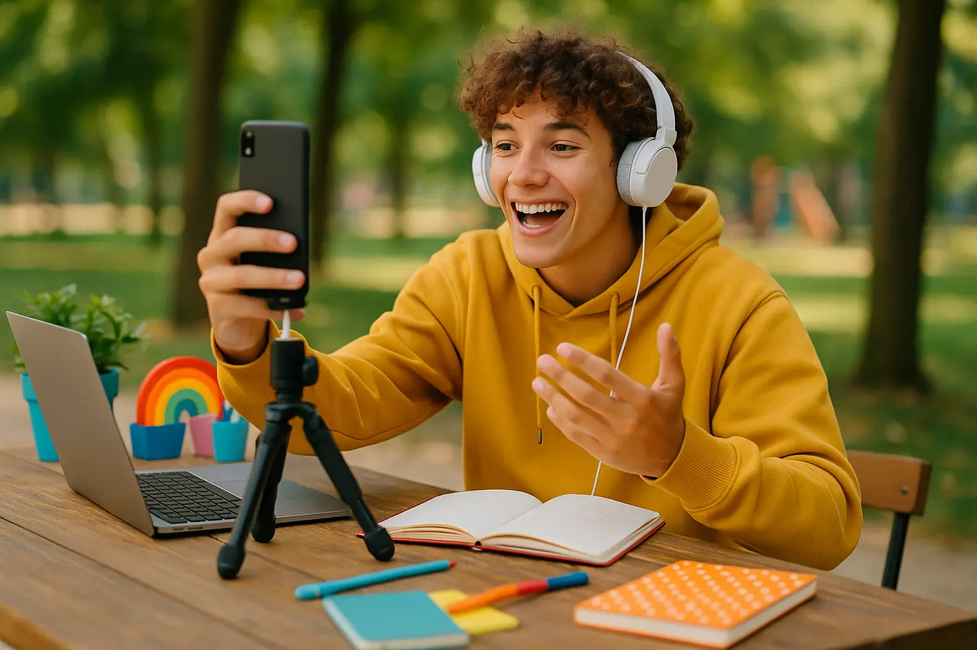 alt_text: Enthousiaste jongere filmt met smartphone in inspirerende, creatieve omgeving vol kleur en materialen.