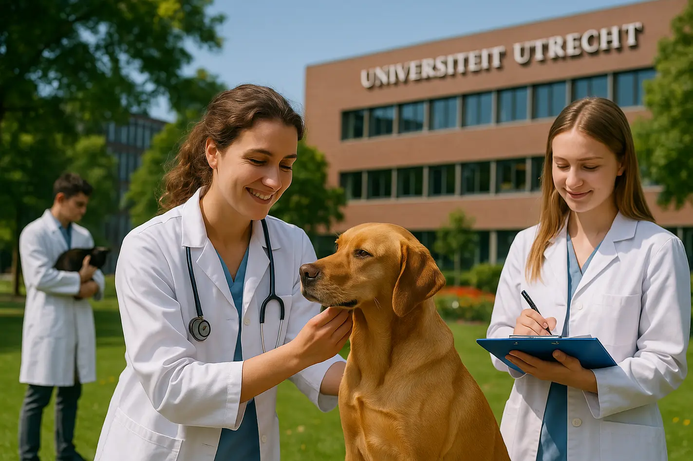 **alt_text**: Studenten in labjassen werken op campus van Universiteit Utrecht, dierenartsen met dieren in groene omgeving.