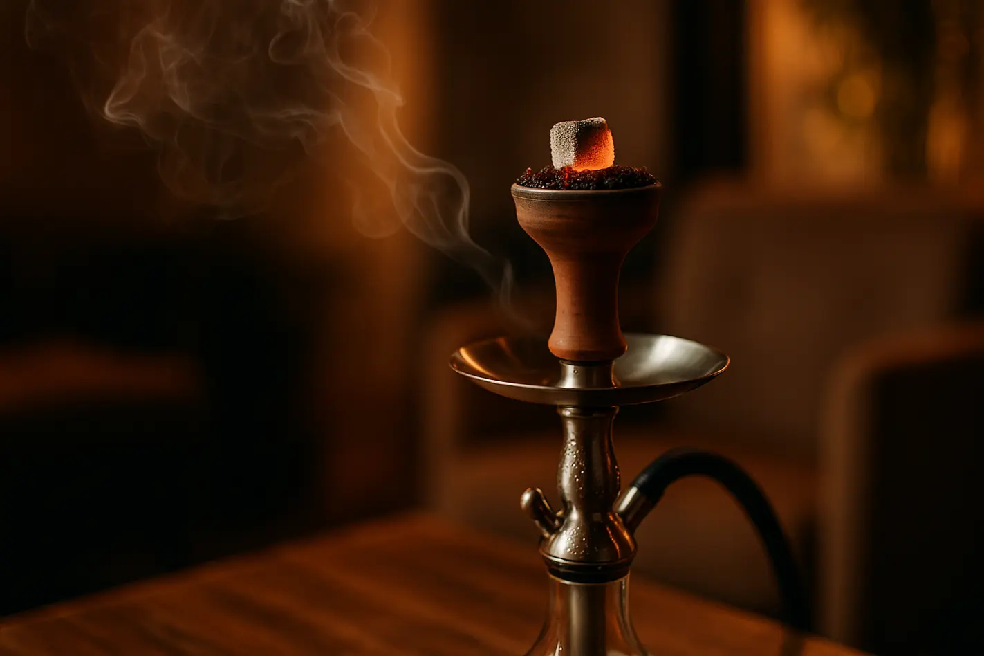 alt_text: Sfeervolle close-up van shisha met gloeiende kooltjes, rijzende rook en glas op houten tafel