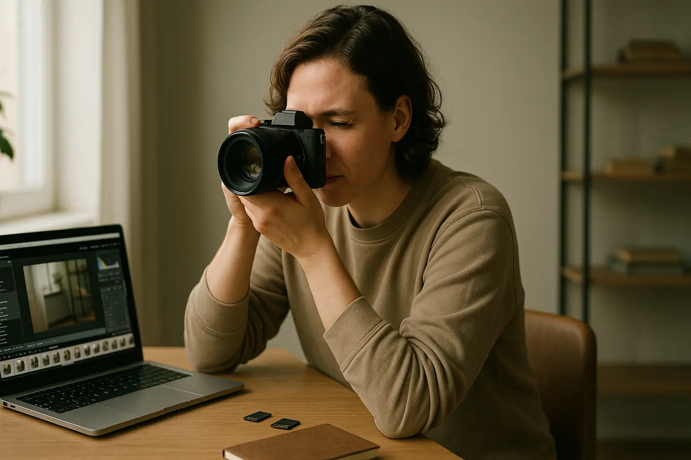 alt_text: Fotograaf aan het werk in lichte, moderne werkruimte; laptop, camera, warme neutrale tinten.