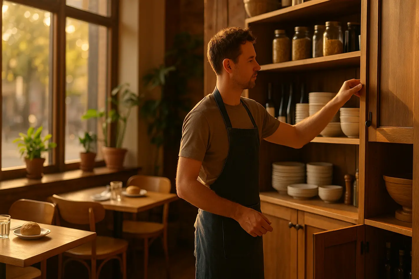 alt_text: Warm, fotorealistisch interieur van klein lunchcafé; eigenaar controleert voorraad.