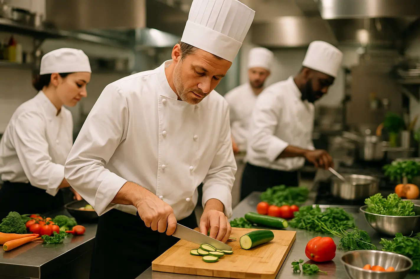 alt_text: "Een professionele keuken met koks in uniform, werken in harmonie met kleurrijke ingrediënten."