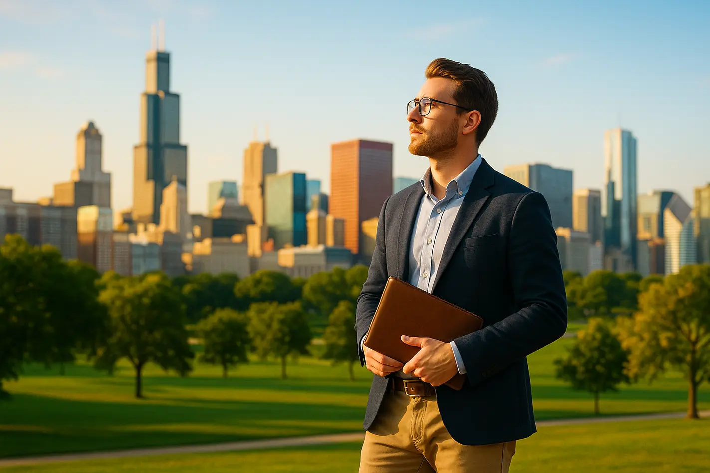 alt_text: Inspirerende headerfoto van een optimistische persoon in een stedelijk landschap, gericht op financiële groei.
