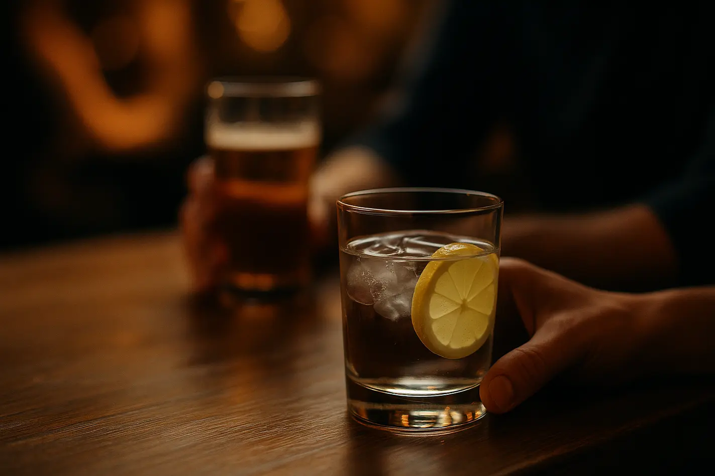 alt_text: Close-up glas water met citroen op houten bar, onscherp bier op achtergrond.