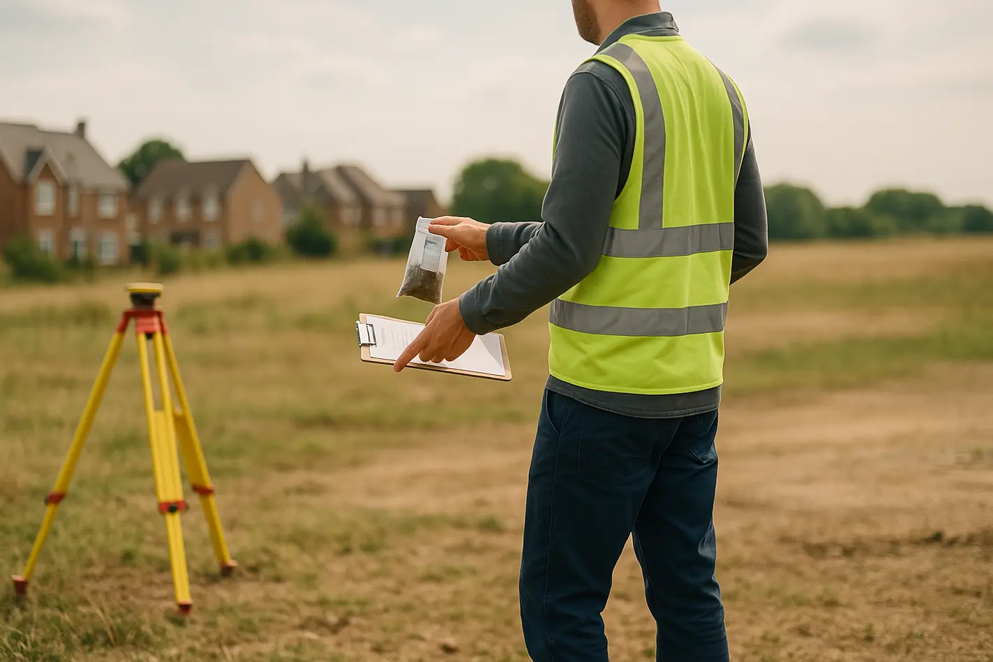 alt_text: "Veldwerker met clipboard wijst naar gelabeld grondmonster; buurt links, open veld rechts."
