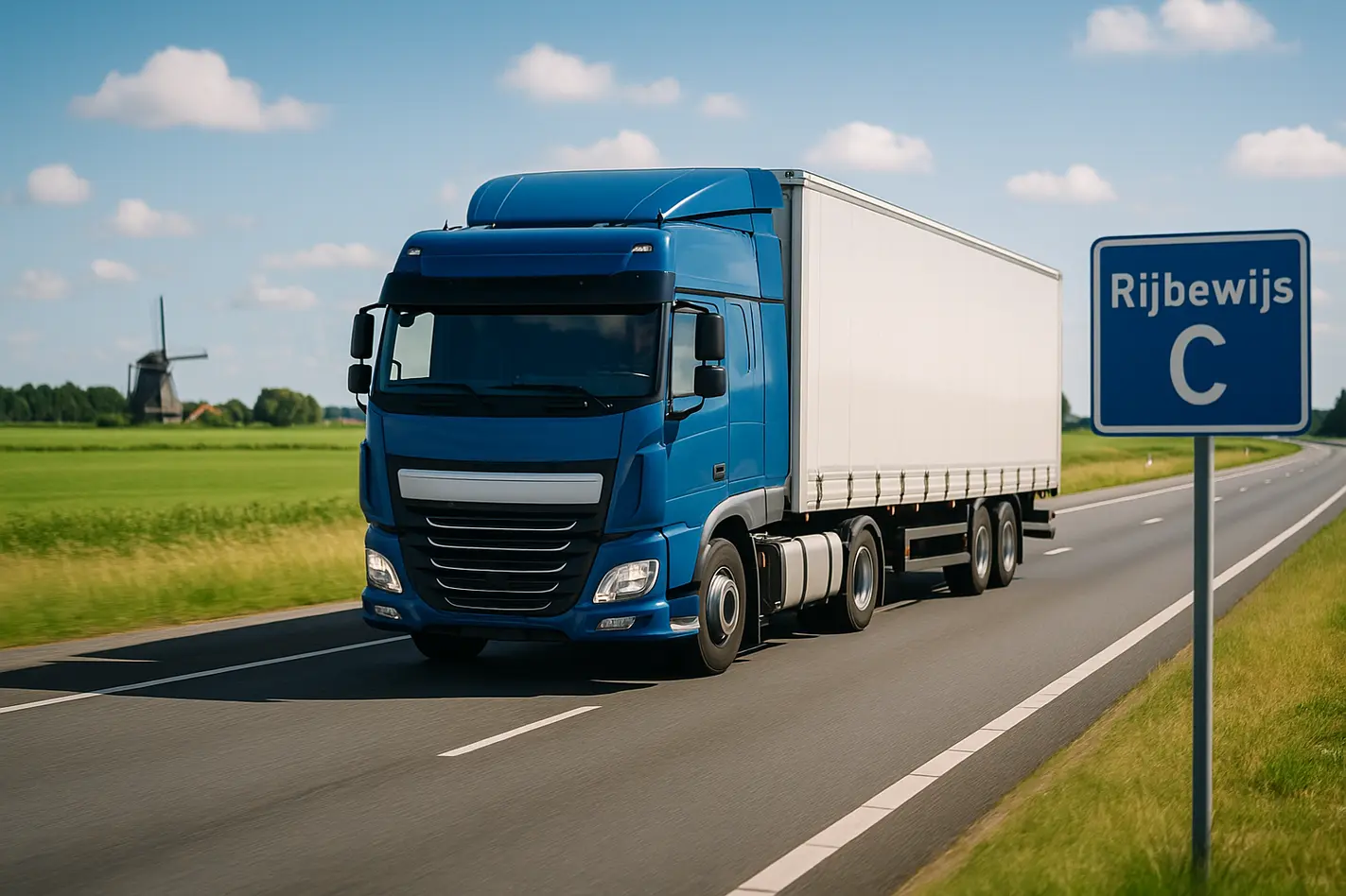 alt_text: Vrachtwagen op de snelweg in Nederland, omgeven door groene velden en een blauwe lucht.