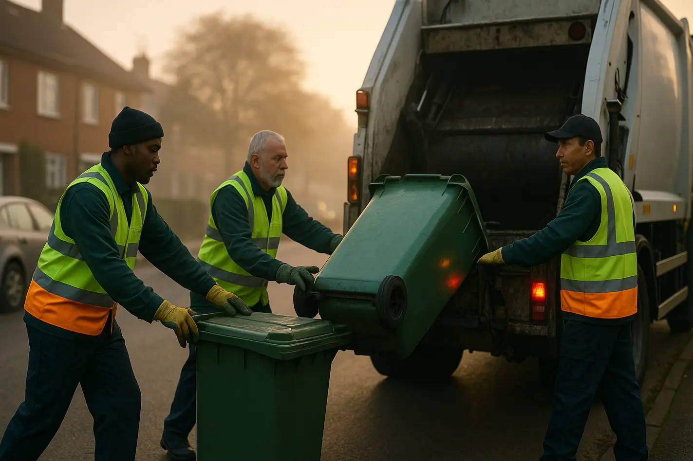 alt_text: "Vroege ochtend: team vuilnismedewerkers in gele veiligheidsvesten bij een vuilniswagen"