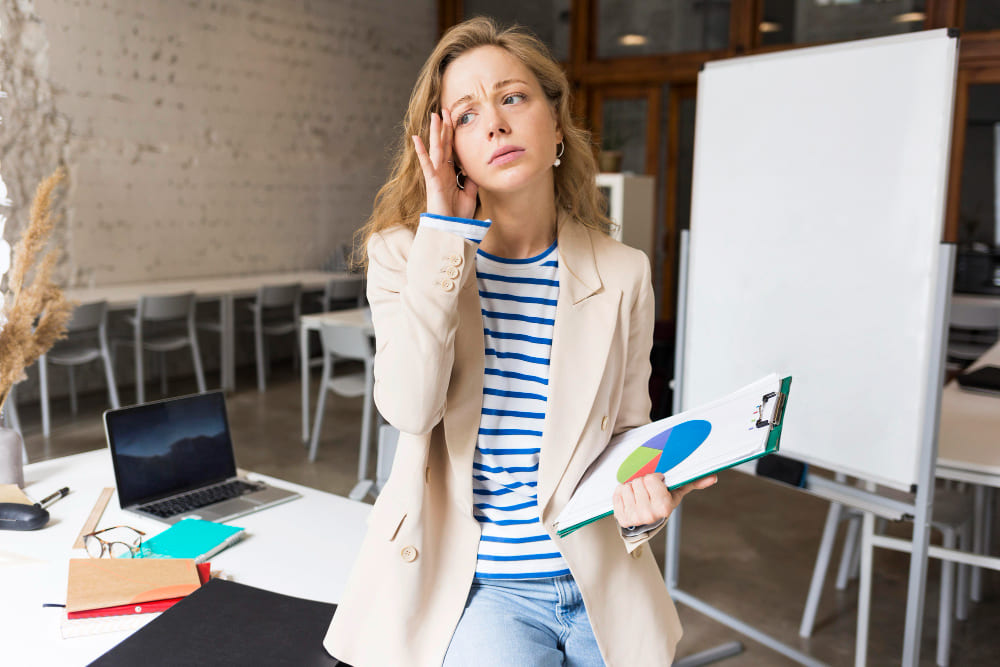 vrouw die probeert minder zenuwachtig te worden voor een presentatie